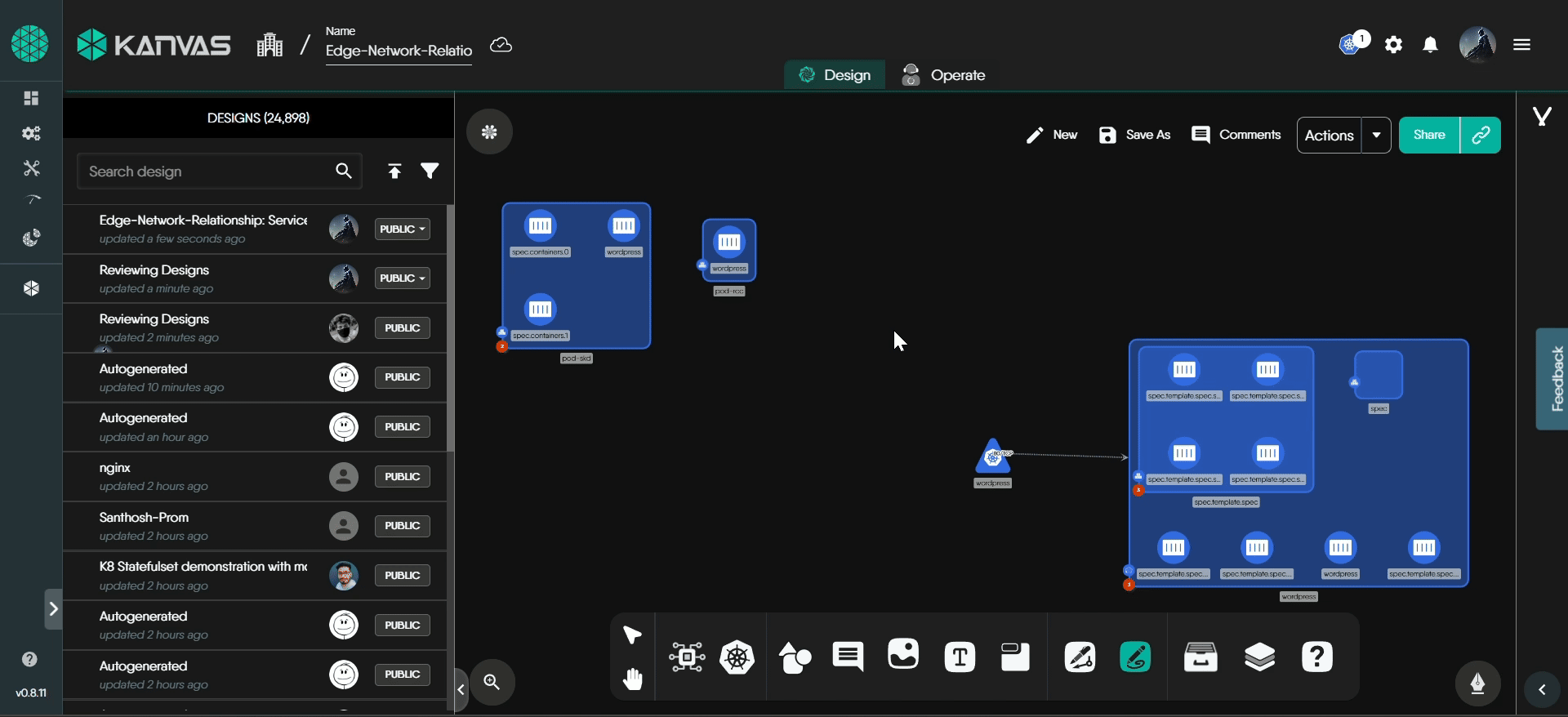 Animated demonstration of publishing a design from the Kanvas Designer to the Kanvas Catalog